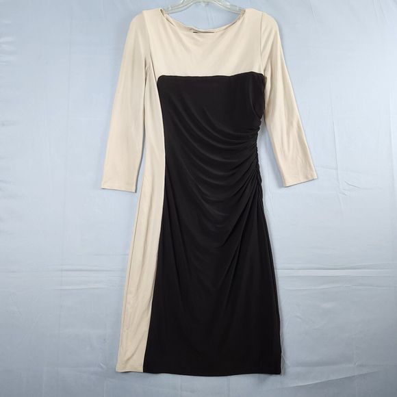 Ralph Lauren Midi Sheath Dress Cream/Black Side Ruched Lined 3/4 Sleeve Sz 8 - Picture 1 of 16